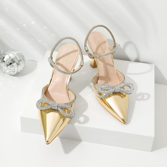 Women's Rhinstone Gold Strap Bow Closed Toe Adjustable Pumps Heeled Shoes - Picture 7 of 9